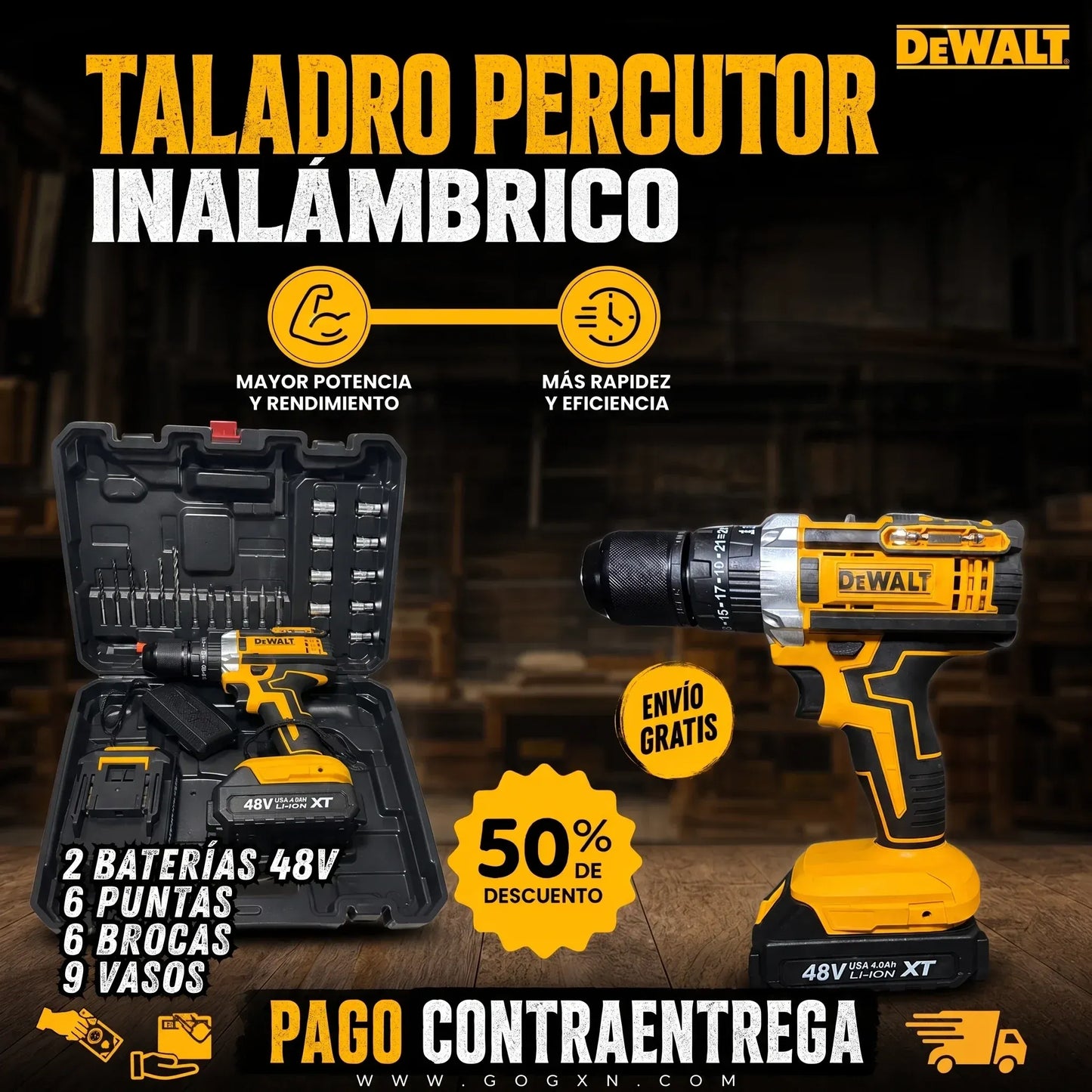 Kit Taladro Percutor Inalámbrico Dewalt 48V — 2 Baterías + 21 Accesorios + Maletín Rígido