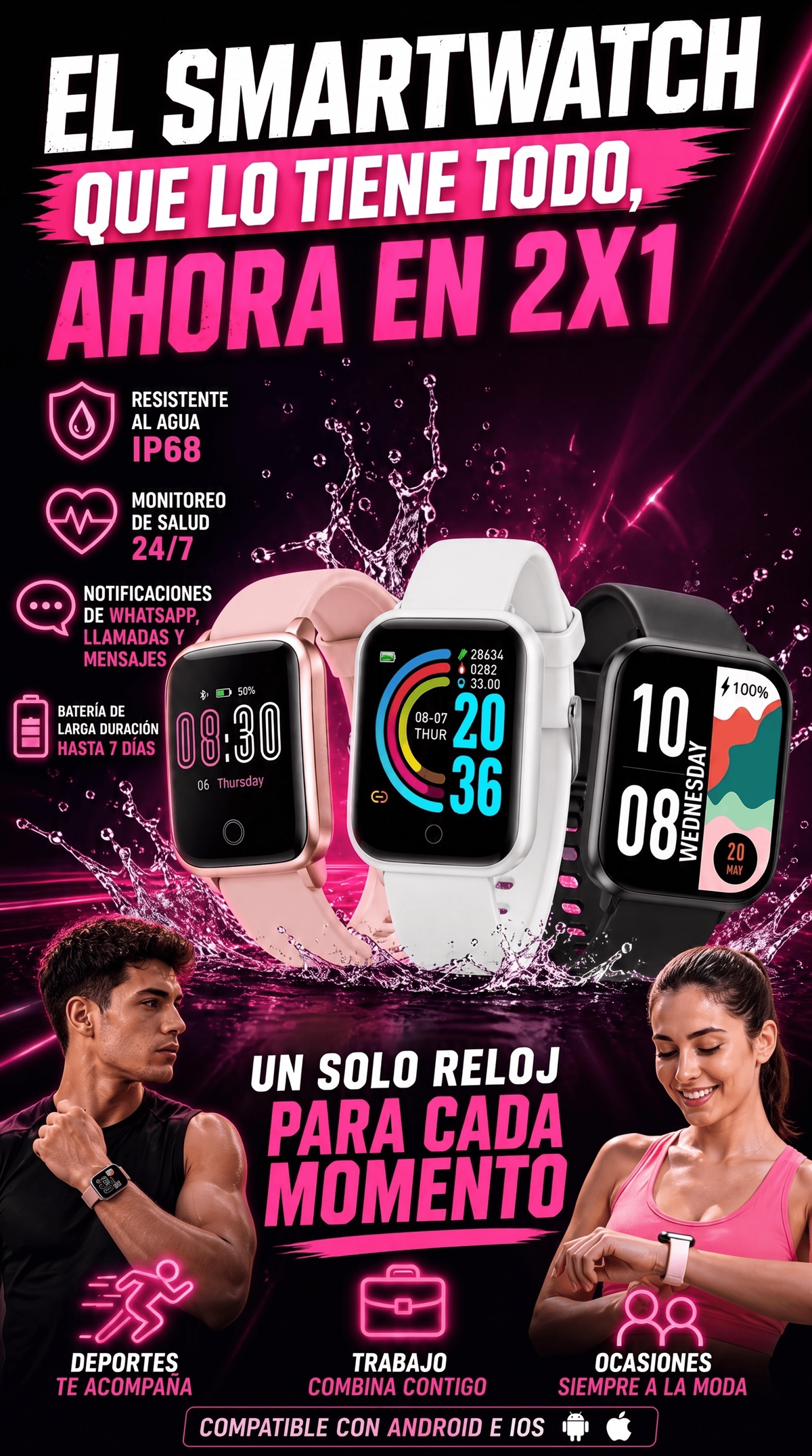 Smartwatch Premium 2x1 — Tecnología, Estilo y Salud en tu Muñeca | Rosa, Negro y Blanco